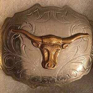 Vintage Metal Belt Buckle, Brass and Nickel Silver, Cow, Bull, Longhorn, Cattle